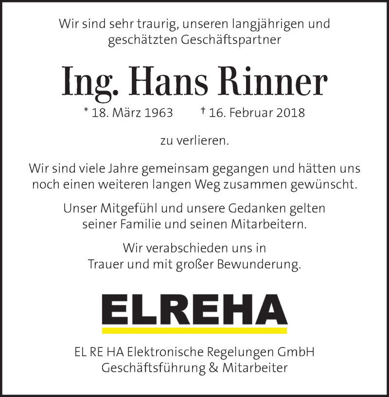  Traueranzeige für Hans Rinner vom 23.02.2018 aus Kleine Zeitung