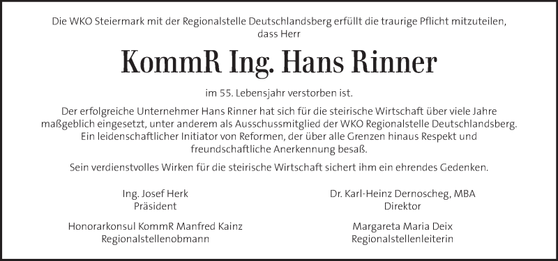  Traueranzeige für Hans Rinner vom 22.02.2018 aus Kleine Zeitung