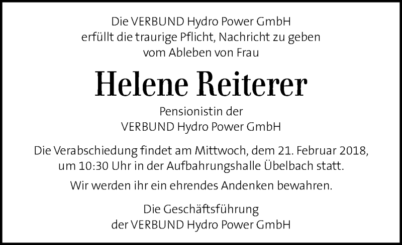  Traueranzeige für Helene Reiterer vom 20.02.2018 aus Kleine Zeitung