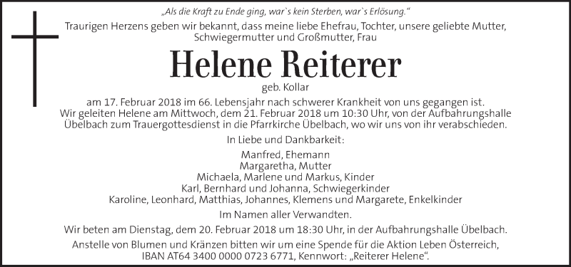  Traueranzeige für Helene Reiterer vom 20.02.2018 aus Kleine Zeitung