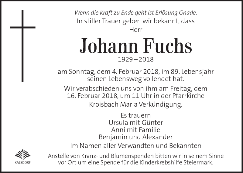  Traueranzeige für Johann Fuchs vom 11.02.2018 aus Kleine Zeitung