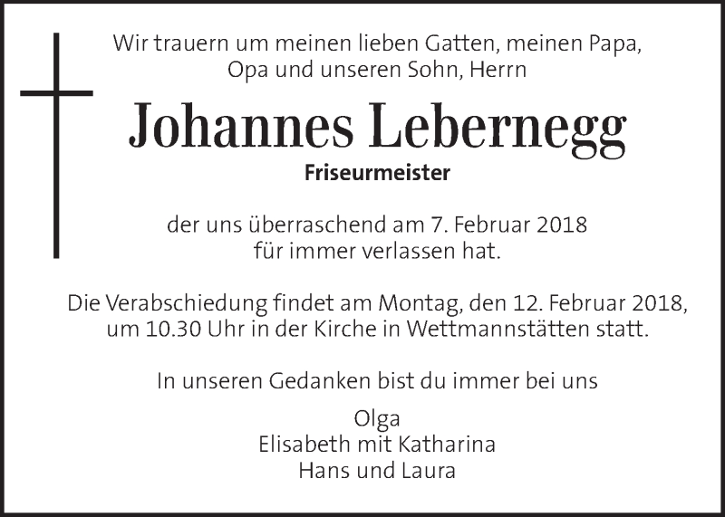  Traueranzeige für Johannes Lebernegg vom 10.02.2018 aus Kleine Zeitung