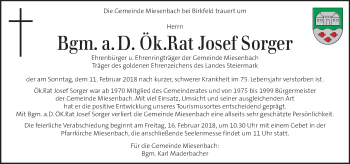Traueranzeige von Josef Sorger von Kleine Zeitung