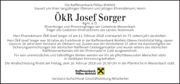 Traueranzeige von Josef Sorger von Kleine Zeitung
