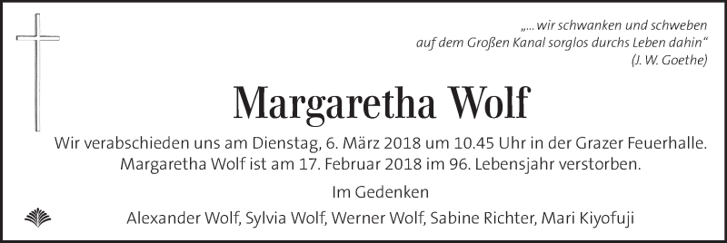  Traueranzeige für Margaretha Wolf vom 28.02.2018 aus Kleine Zeitung