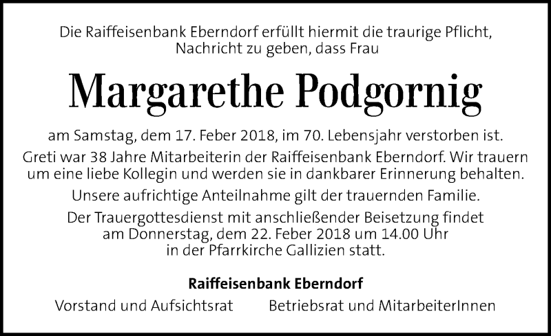  Traueranzeige für Margarethe Podgornig vom 21.02.2018 aus Kleine Zeitung