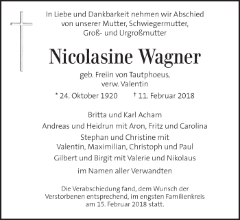 Traueranzeige von Nicolasine Wagner von Kleine Zeitung