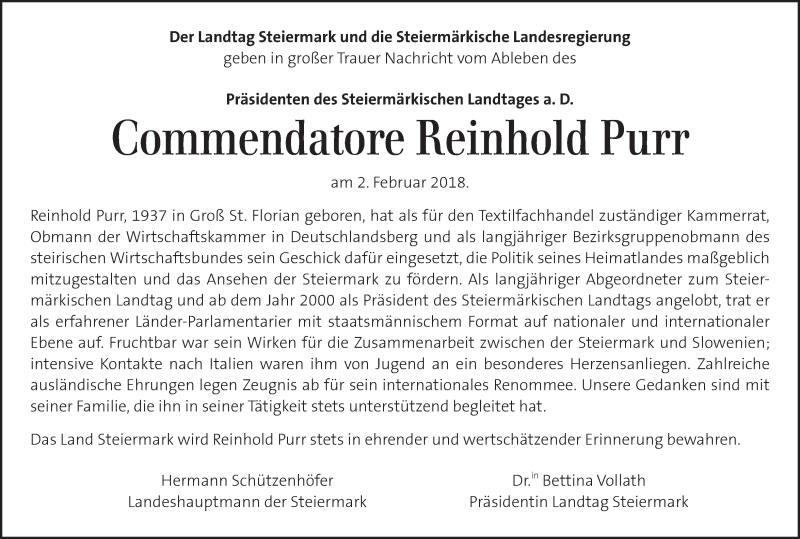  Traueranzeige für Reinhold Purr vom 06.02.2018 aus Kleine Zeitung
