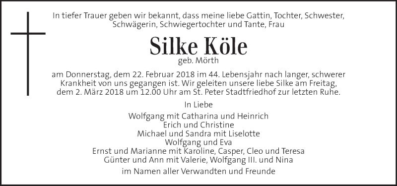  Traueranzeige für Silke Köle  vom 27.02.2018 aus Kleine Zeitung
