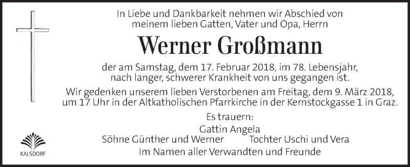  Traueranzeige für Werner Großmann vom 25.02.2018 aus Kleine Zeitung