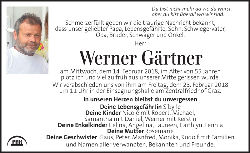  Traueranzeige für Werner Gärtner vom 21.02.2018 aus Kleine Zeitung