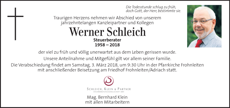  Traueranzeige für Werner Schleich vom 28.02.2018 aus Kleine Zeitung