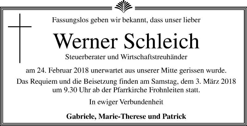  Traueranzeige für Werner Schleich vom 28.02.2018 aus Kleine Zeitung