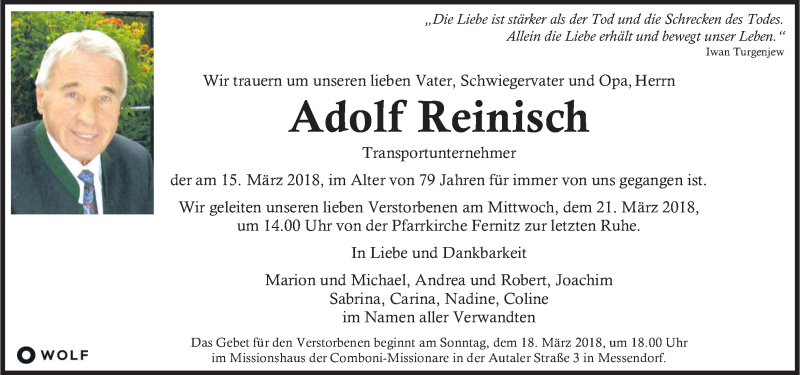  Traueranzeige für Adolf Reinisch vom 17.03.2018 aus Kleine Zeitung