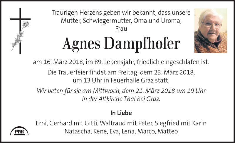  Traueranzeige für Agnes Dampfhofer vom 21.03.2018 aus Kleine Zeitung