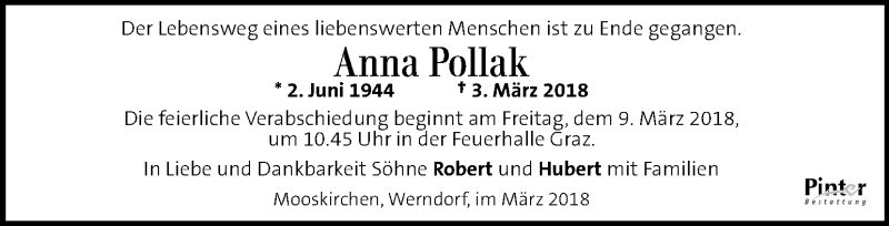  Traueranzeige für Anna Pollak vom 06.03.2018 aus Kleine Zeitung