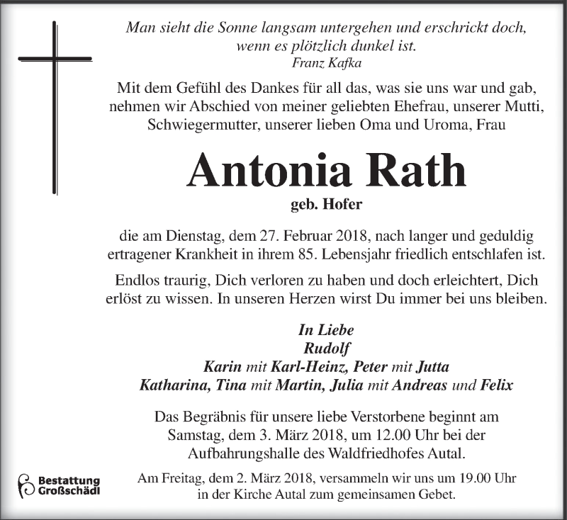  Traueranzeige für Antonia Rath vom 02.03.2018 aus Kleine Zeitung