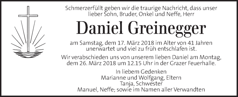  Traueranzeige für Daniel Greinegger vom 21.03.2018 aus Kleine Zeitung