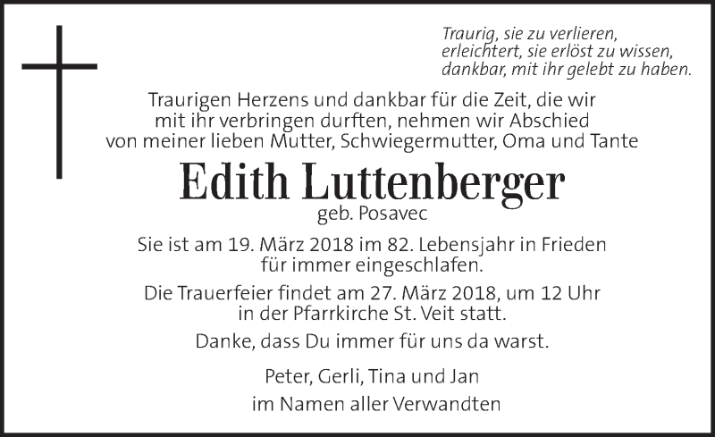  Traueranzeige für Edith Luttenberger vom 24.03.2018 aus Kleine Zeitung