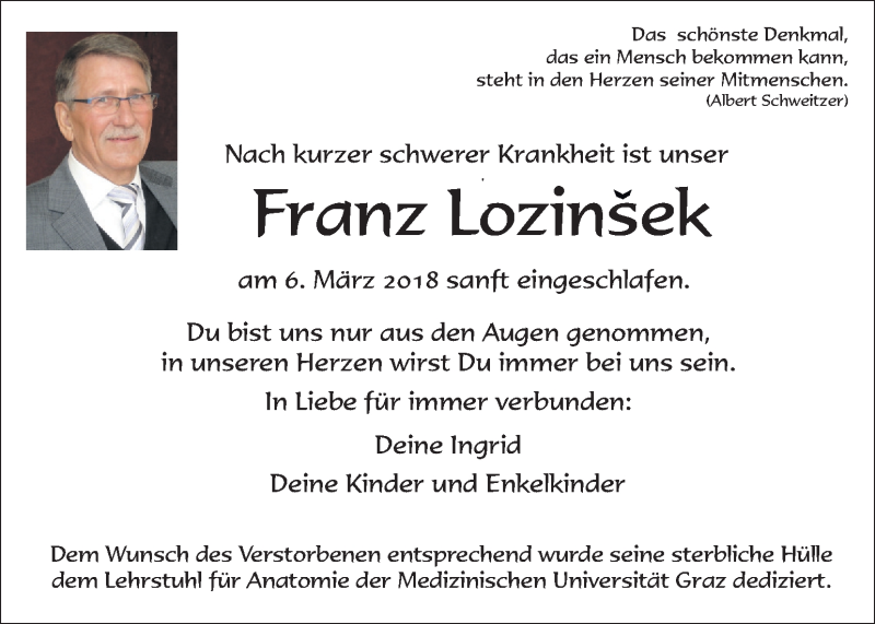  Traueranzeige für Franz Lozinsek vom 15.03.2018 aus Kleine Zeitung