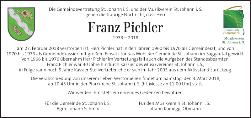  Traueranzeige für Franz Pichler vom 02.03.2018 aus Kleine Zeitung