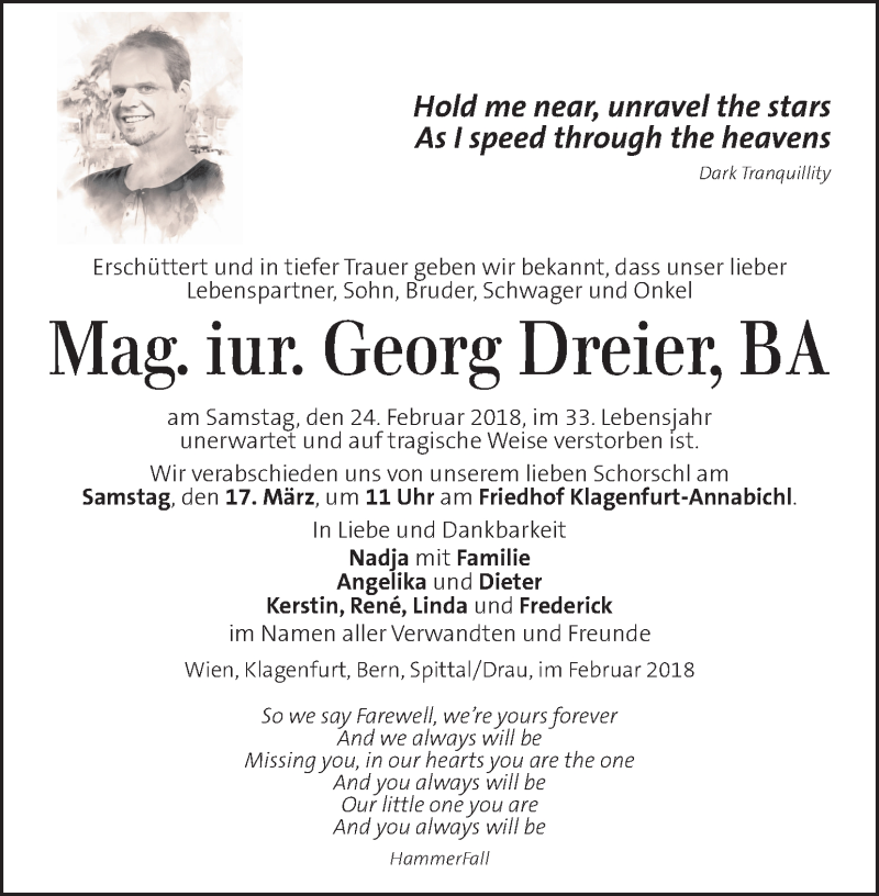  Traueranzeige für Georg Dreier vom 13.03.2018 aus Kleine Zeitung
