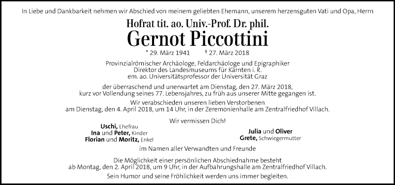  Traueranzeige für Gernot Piccottini vom 29.03.2018 aus Kleine Zeitung