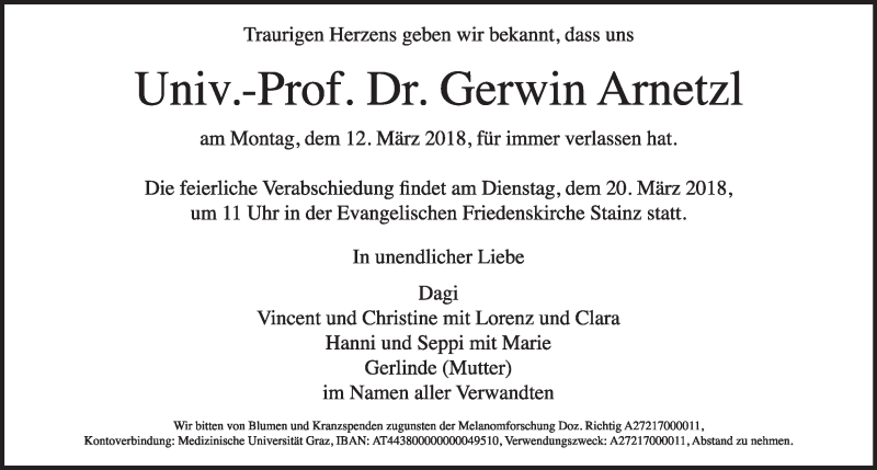  Traueranzeige für Gerwin Arnetzl vom 16.03.2018 aus Kleine Zeitung