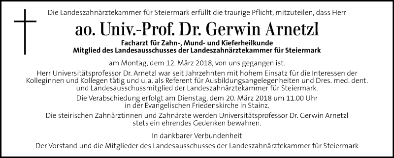  Traueranzeige für Gerwin Arnetzl vom 16.03.2018 aus Kleine Zeitung