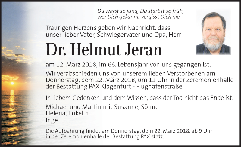  Traueranzeige für Helmut Jeran vom 18.03.2018 aus Kleine Zeitung