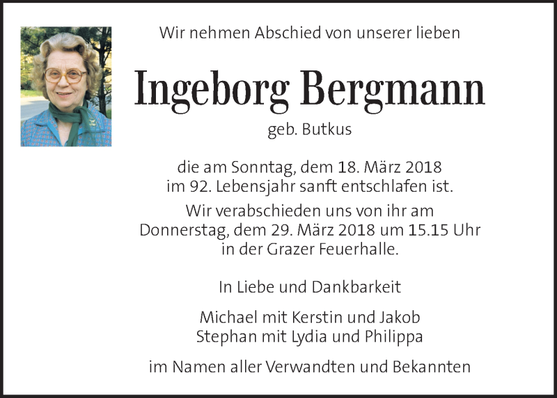  Traueranzeige für Ingeborg Bergmann vom 25.03.2018 aus Kleine Zeitung