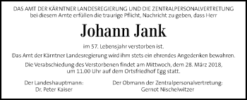 Traueranzeige von Johann Jank von Kleine Zeitung