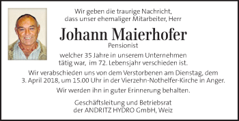 Traueranzeige von Johann Maierhofer von Kleine Zeitung