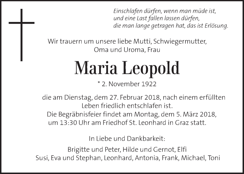  Traueranzeige für Maria Leopold vom 02.03.2018 aus Kleine Zeitung