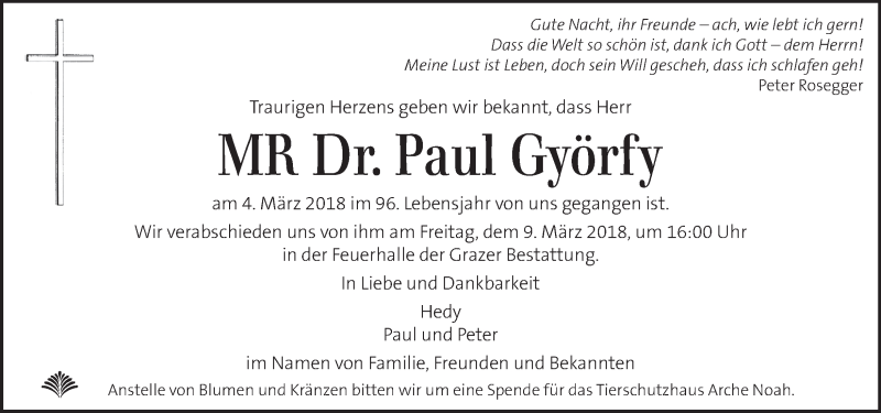  Traueranzeige für Peter Györfy vom 06.03.2018 aus Kleine Zeitung