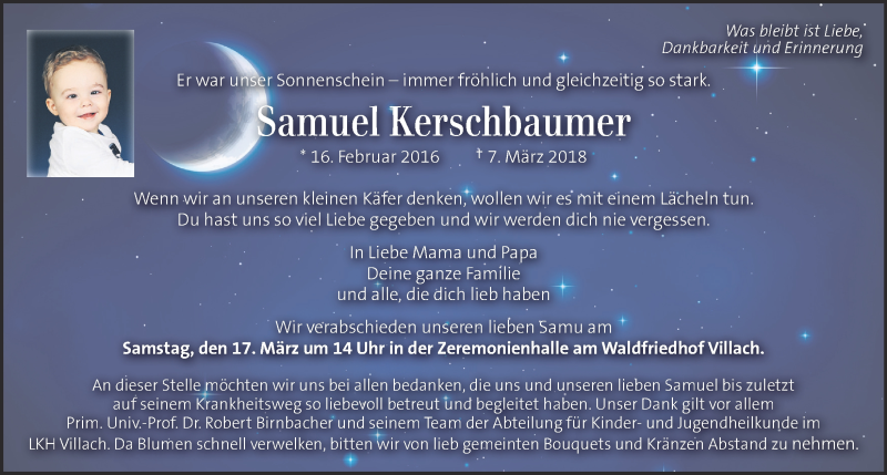  Traueranzeige für Samuel Kerschbaumer vom 11.03.2018 aus Kleine Zeitung