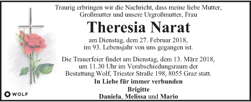  Traueranzeige für Theresia Narat vom 09.03.2018 aus Kleine Zeitung
