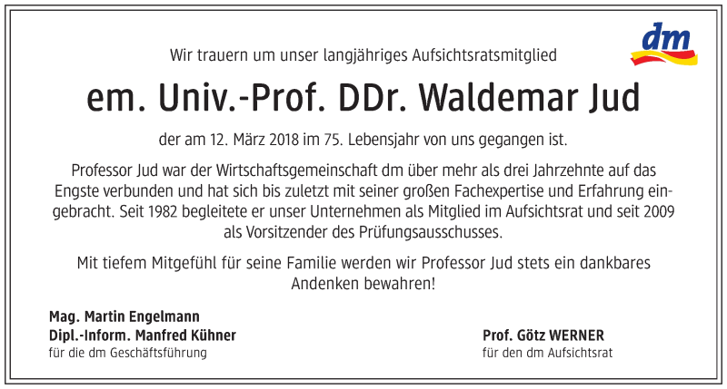  Traueranzeige für Waldemar Jud vom 17.03.2018 aus Kleine Zeitung