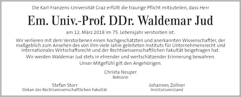  Traueranzeige für Waldemar Jud vom 16.03.2018 aus Kleine Zeitung