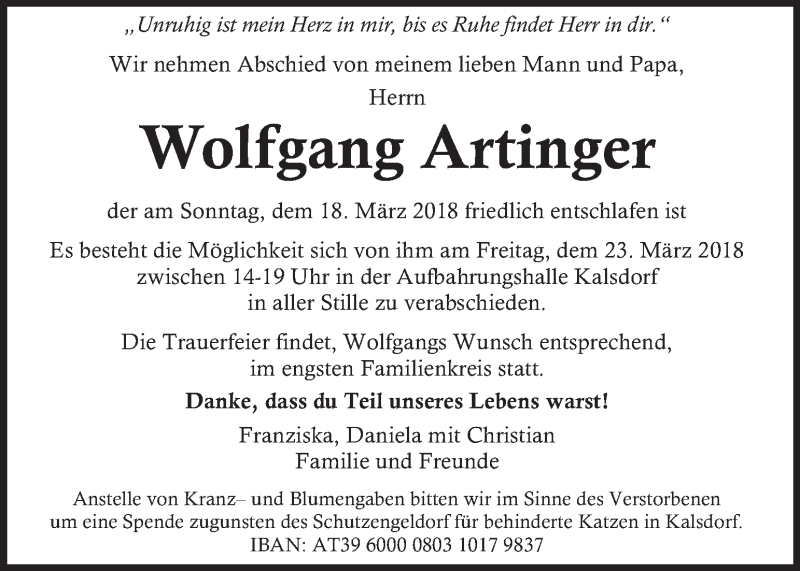  Traueranzeige für Wolfgang Artinger vom 21.03.2018 aus Kleine Zeitung