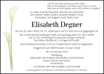 Traueranzeige von Elisabeth Degner von Kleine Zeitung