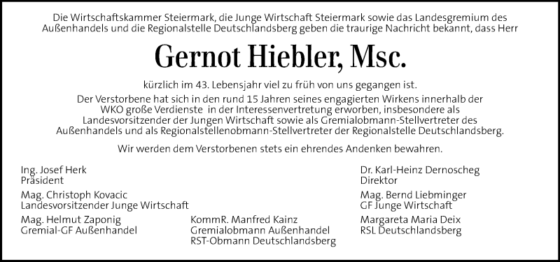  Traueranzeige für Gernot Hiebler vom 28.04.2018 aus Kleine Zeitung