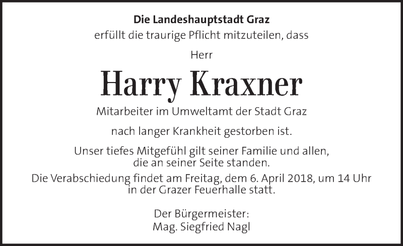  Traueranzeige für Harry Kraxner vom 05.04.2018 aus Kleine Zeitung