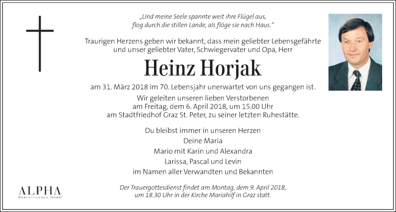  Traueranzeige für Heinz Horjak vom 04.04.2018 aus Kleine Zeitung