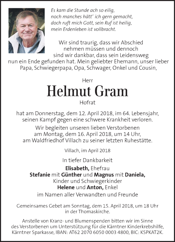  Traueranzeige für Helmut Gram vom 15.04.2018 aus Kleine Zeitung