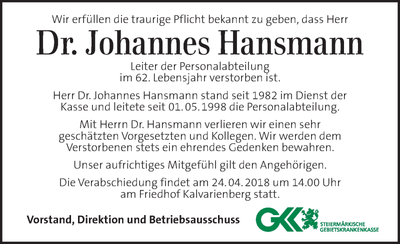  Traueranzeige für Johannes Hansmann vom 20.04.2018 aus Kleine Zeitung