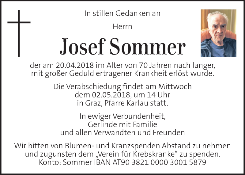  Traueranzeige für Josef Sommer vom 26.04.2018 aus Kleine Zeitung