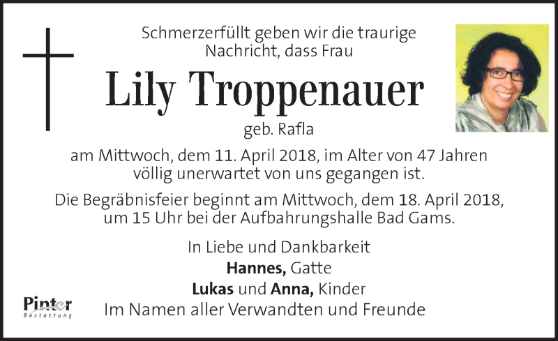 Traueranzeige für Lily Troppenauer vom 14.04.2018 aus Kleine Zeitung