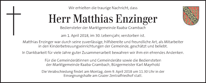  Traueranzeige für Matthias Enzinger vom 06.04.2018 aus Kleine Zeitung