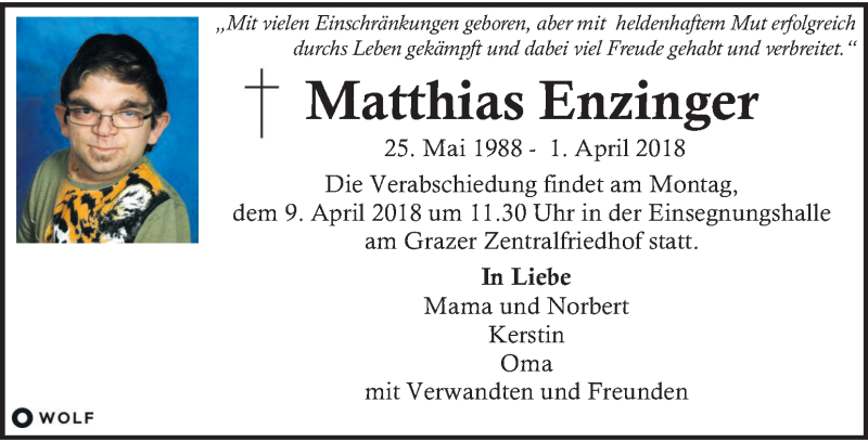  Traueranzeige für Matthias Enzinger vom 05.04.2018 aus Kleine Zeitung